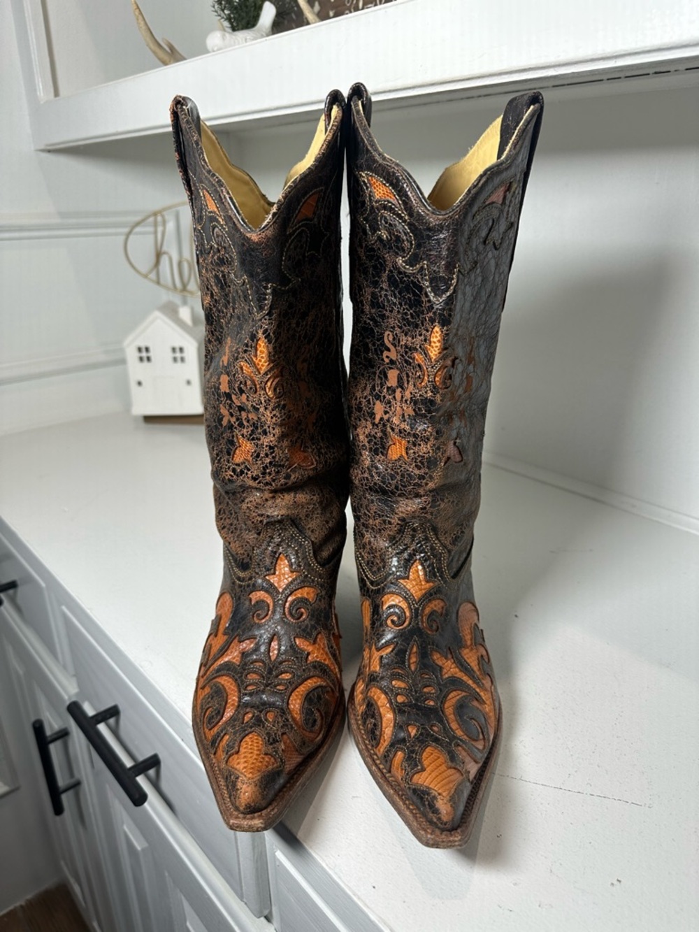 Corral Boots Lizard Inlay Cowboy Womens 8.5M Distressed Brown Leather Western - Picture 2 of 9